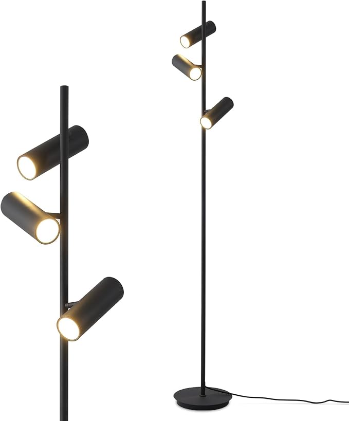 KCO Lighting Matte Black Tree Floor Lamp with 3 Adjustable Rotating Lights Mid Century Modern Bright Floor Lamps Tall Reading Lamps Floor Standing Industrial Vintage Standing Lamp