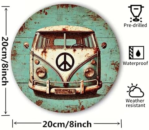 1pc Vintage Hippie Van Peace Sign Aluminum Wall Art, Retro Distressed Metal Plaque, Novelty Home Bathroom Decor for Room,(8x8 Inch), Aesthetic, Perfect for Room Decor