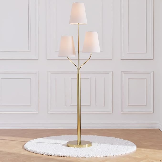 Maxax 3 Lights Brass Gold Floor Lamp for Living Room, Modern 65" Tall Standing Tree Lamp with 3 White Shade for Bedroom Office