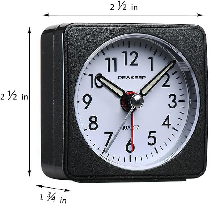 Peakeep Ultra Small, Battery Travel Alarm Clock with Snooze and Light, Silent with No Ticking Analog Quartz (Black)