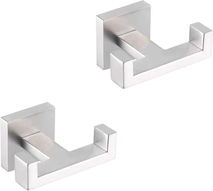 GERZWY Brushed Stainless Steel Coat/Robe Clothes Hook for Bath Kitchen Modern Hotel Style, Bathroom Double Towel Hook Wall Mounted 2 Pack AG1417B-LS