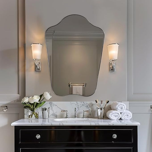 ANDY STAR Brushed Nickel Bathroom Mirror, 24x32 Scalloped Wall Mirror for Vanity, Curved Shaped Mirror for Entryway, Bedroom, Anti-Rust Stainless Steel Frame