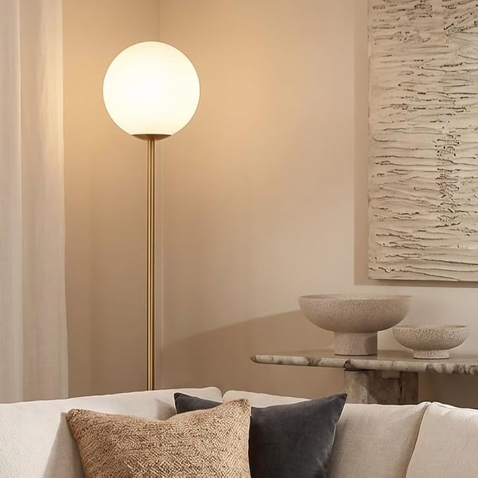 Brightech Luna LED Floor lamp, Modern Lamp for Living Rooms & Offices, Great Living Room Décor, Tall Lamp with Frosted Glass Globe, Mid Century Standing Lamp for Bedroom Reading - Brass/Gold