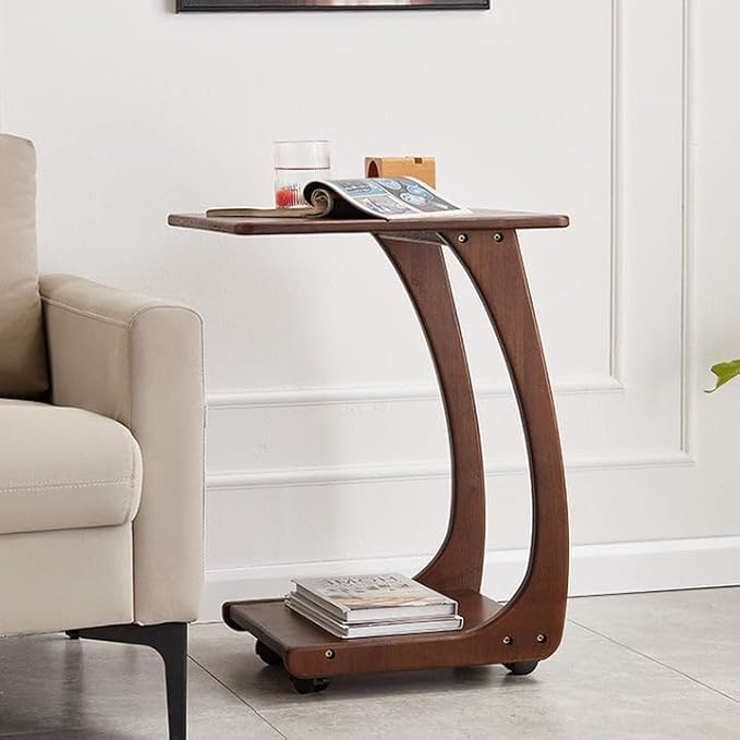 COZYMATIC Emerson Solid Wood End Table with Rolling Wheels, C Shaped Side Table, TV Tray Table, Couch Table that Slide Under for Small Space, Living Room, Bedroom (Walnut)-Large