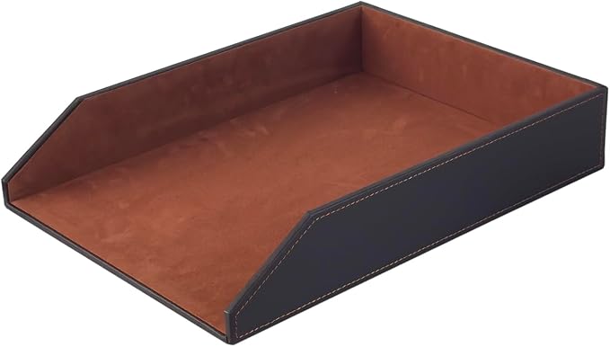 UnionBasic Stackable Document Paper Letter Tray, Faux Leather Desktop File Sorter Organizer Tray, Brown