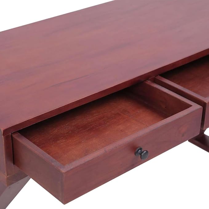 Solid Mahogany Wood Computer Desk with 3 Drawers, 45.3-inch Mid-Century Writing Table for Home Office, Bedroom, Study Desk with Cross-Legged Frame, Brown