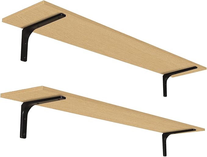 DINZI LVJ Long Wall Shelves, 55.1Inch Wall Mounted Shelves Set of 2, Extra Large Storage Ledges with Sturdy Metal Brackets for Living Room, Bathroom, Bedroom, Kitchen, Natural