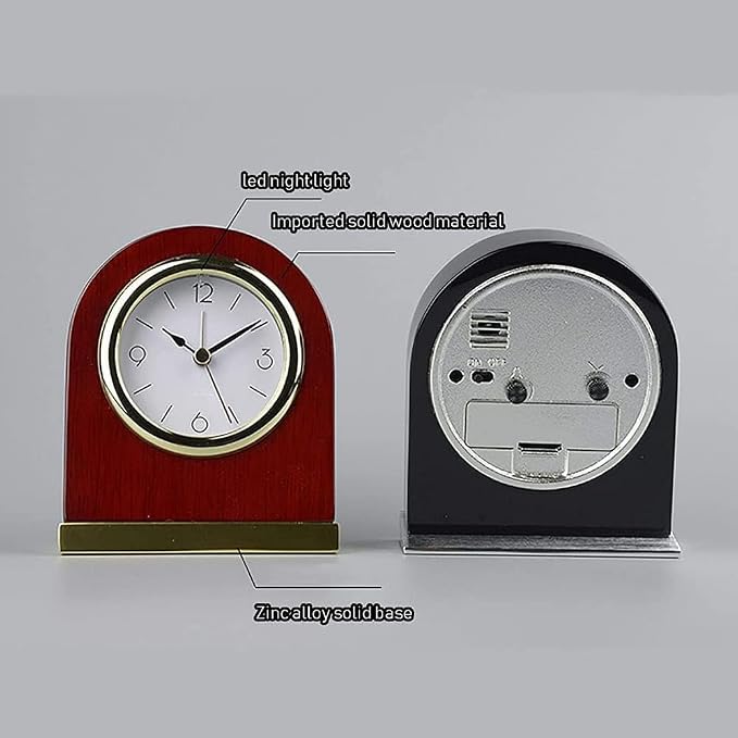 Table Clock Classic Desk Alarm Wood Desk Archway Small shelf clock with Silver Base. Retro Style small table clock, Modern Arched Shaped Clock,Low-Gloss Rosewood Hall Finish, Brass Finish Metal Bass.