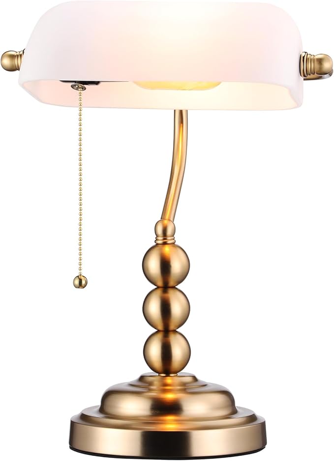TORCHSTAR Ivory White Glass Bankers Desk Lamp, Antique Desk Lamps with Retro Weighted Base, Traditional Library Lamp with Pull Chain, E26 Base, Vintage Desk Lamp for Office, Study Room