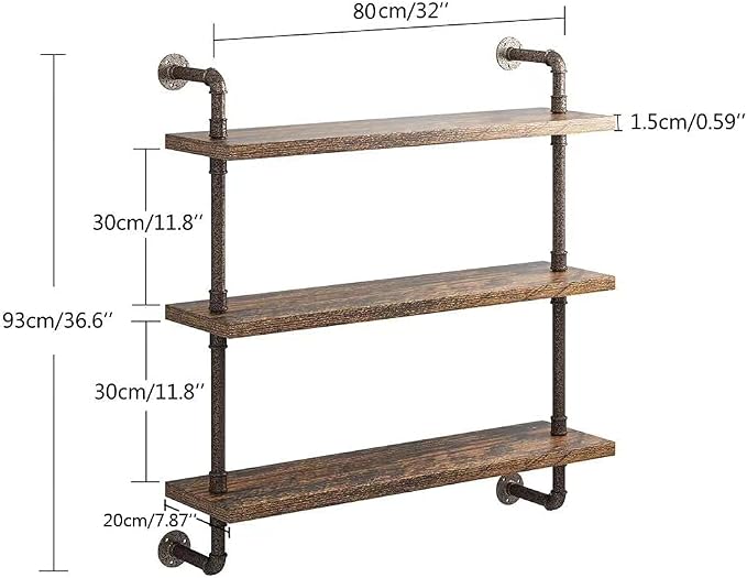 Helsin 3 Tier Industrial Pipe Shelf Rustic Wood Floating Wall Display Bookshelf Storage Rack Sundries Holder for Kitchen Office Bathroom Organization and Home Decor (32 Inch)