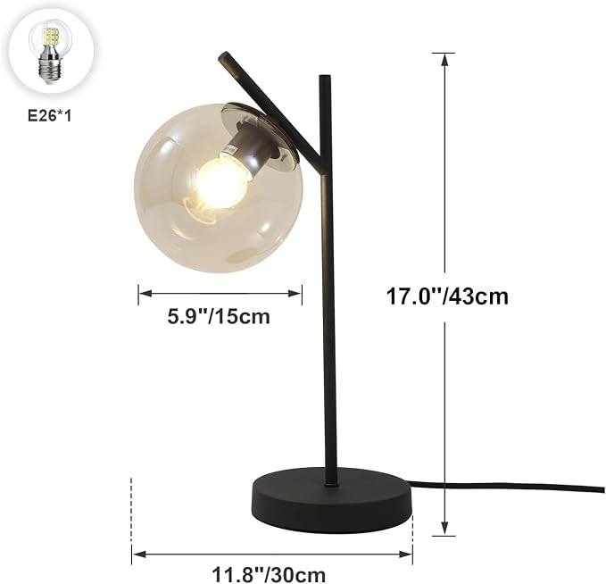 Mid Century Table Lamp Vintage Bedroom Desk Lamp Black Nightstand Lamp Contemporary Clear Glass Globe Bedside Lamp for Office Study Room