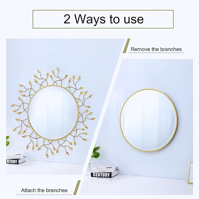 Chende 39" x 39" Gold Decorative Wall Mirror, Large Round Mirror with Metal Leaves, Gold Frame for Living Room, Entrance, Dining Room, Bedroom