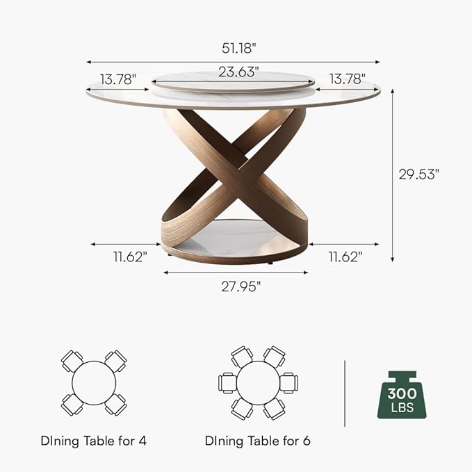 POVISON 51" Modern Round Dining Table with Lazy Susan for 4, Glossy White Round Dining Room Table, Sintered Stone Dining Tabletop with Bronze X Carbon Steel Base (Dining Table Only)