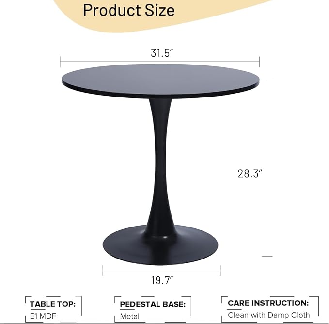 31.5 Inch Black Round Dining Table,Mid-Century Modern Black Tulip Table Kitchen Dining Table with MDF Table Top and Pedestal Base for Home Kitchen 2-4 Person