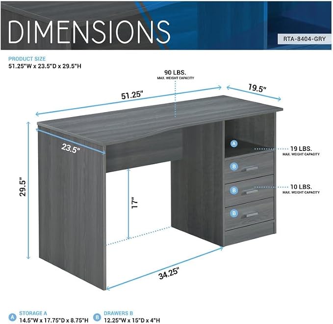 HomeStock Art Deco Dreams Classic Computer Desk with Multiple Drawers, Grey, Expansive Contoured Desktop, Three Drawers and Under Table Side Shelf for Storage, Heavy-Duty Particle Board