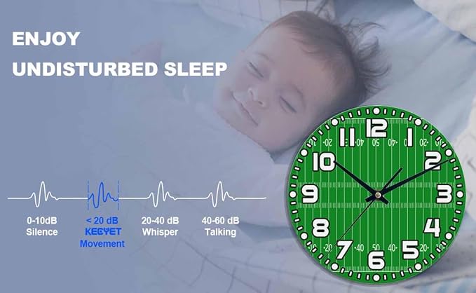 American Football Field Wall Clock 10 inch Round Silent Non Ticking Wood Wall Clocks Battery Operated Easy to Read Decorative Wall Clock for Bedroom Kitchen Living Room Bathroom