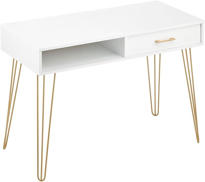 mDesign Metal/Wood Modern Minimalist Computer Desk - Computer Table with Drawer with Storage Cubby and Hairpin Legs - Small Work Desk for Home Office, Study - White/Soft Brass