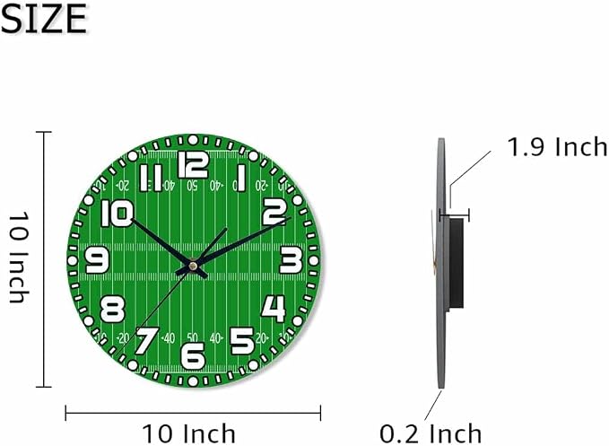 American Football Field Wall Clock 10 inch Round Silent Non Ticking Wood Wall Clocks Battery Operated Easy to Read Decorative Wall Clock for Bedroom Kitchen Living Room Bathroom