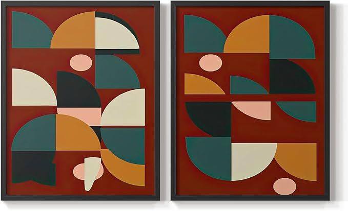 Renditions Gallery Set of 2 Peel & Stick Framed Prints, Mid Century Abstract Wall Art, Modern Geometric Shapes Wall Decor, Re-Stickable - Ready to Hang - 11"x14" - Black Frame LT588