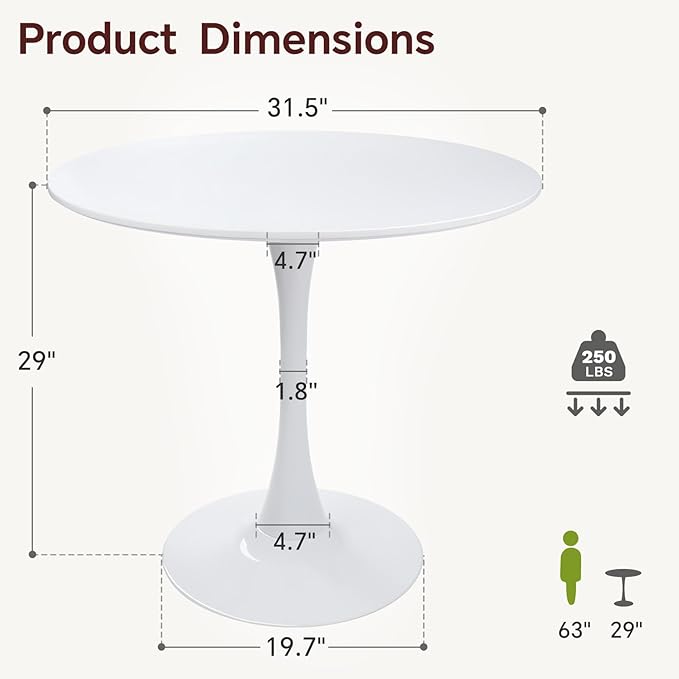 Round Dining Table 31.5" White Tulip Table with Pedestal Base for 2-4 People Small Space - Kitchen Living Room Cafe