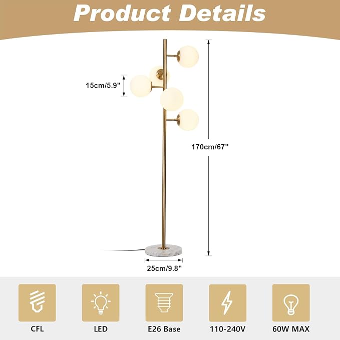 KCO Lighting 5-Light Frosted White Glass Globe Floor Lamp Mid Century Modern Gold Tall Pole Standing Light LED Standing Lamps with Foot Switch for Home Office (Gold)