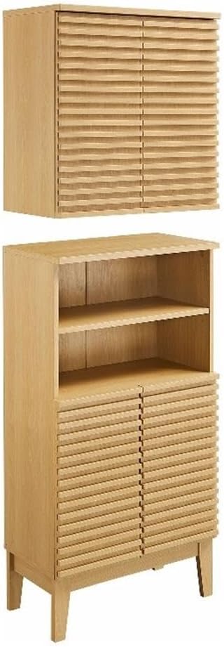 Modway Render Bathroom Cabinet Set in Oak - Freestanding Linen Cabinet and Wall Mounted Storage with Slatted Doors, Adjustable Shelves