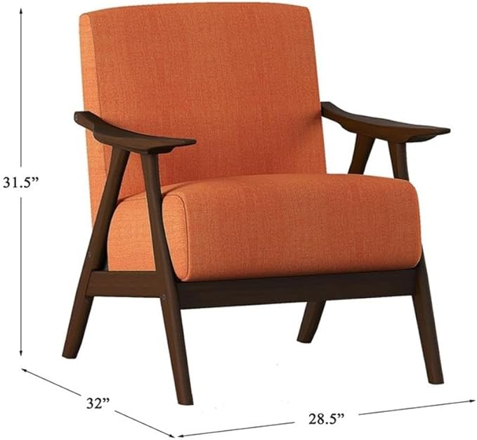 Lexicon Mid Century Modern Accent Chair with Solid Wood Frame in Walnut Finish, Upholstered Living Room Lounge Arm Chair, Thick and Comfy Innerspring Seat Cushion, Linen-Look Fabric, Orange