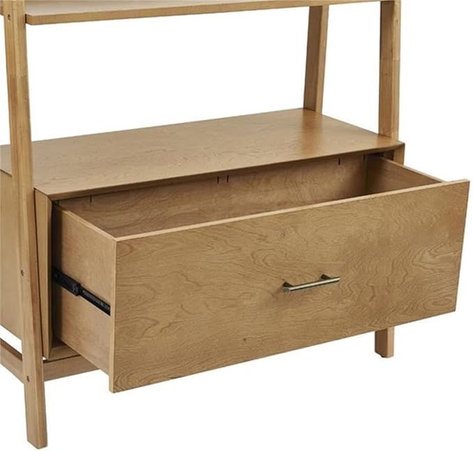 Pemberly Row 38" 4 Shelf Bookcase, Acorn Finish, MDF & Solid Hardwood, Mid-Century Modern Ladder Style, 70.25" H x 15" D, File Drawer & Metal Hardware, Storage for Home Office or Living Room