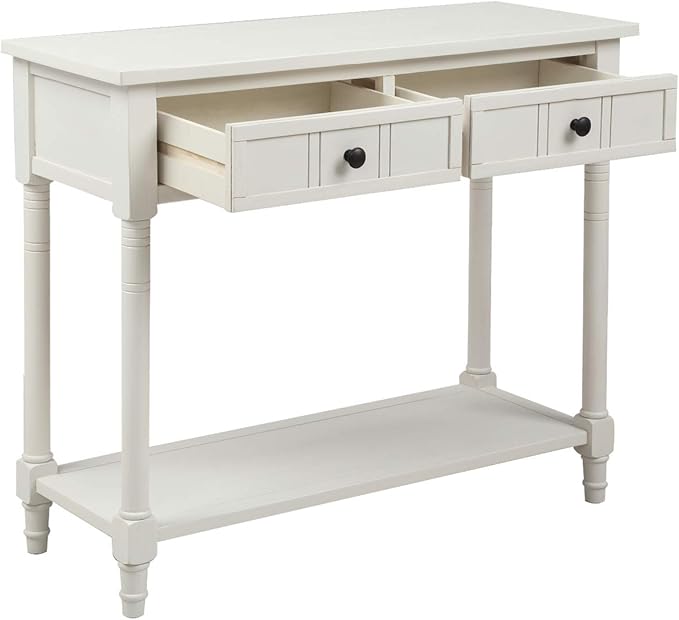 35.43” Console Table with Drawers & Bottom Open Shelf, Rustic Entryway Table with Storage, Ivory White