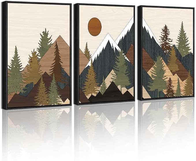KUVIOKE Morden Mountains Framed Wall Art Boho Pine Tree Forest Nature Landscape Artwork Bohemain Farmhouse Rustic Bedroom Living Room Decor 12x16in (Black Framed)