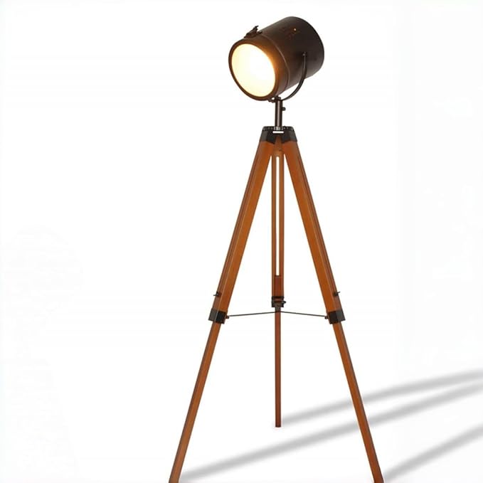 DEC LUCE DECOLUCE LIGHTING Vintage Industrial Tripod Floor Lamp - Adjustable Spotlight for Living Room & Bedroom | Wooden & Metal Design | Perfect for Office, Cinema, Dorm | Black (Bulb Not Included)