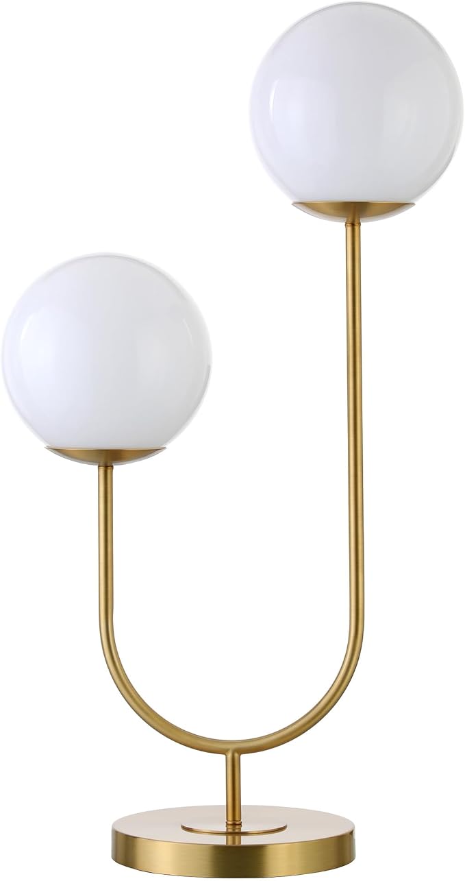 Henn&Hart 28" Mid-Century Modern 2-Light U-Shaped Table Lamp with White Milk Glass Globe Shade for Living Room, Bedroom, or Office, Gold