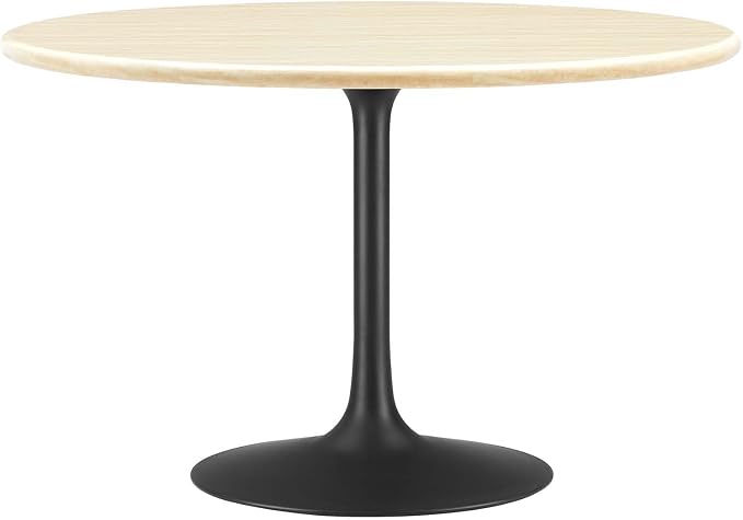 Modway Lippa 48" Round Artificial Dining Table with Tapered, Metal Base, Black Travertine