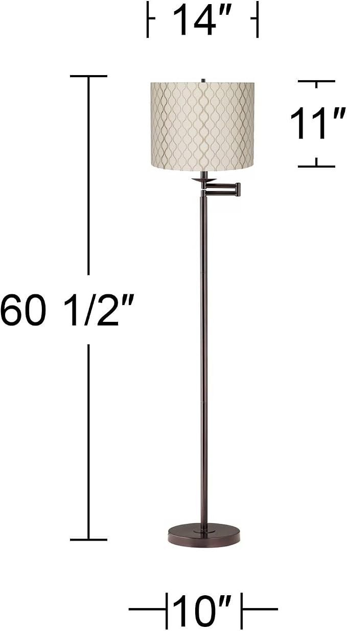 Regency Hill Adjustable Swing Arm Floor Lamp Standing 60.5" Tall Bronze Metal Thin Profile Embroidered Hourglass Off White Fabric Drum Shade for Living Room Reading House Bedroom
