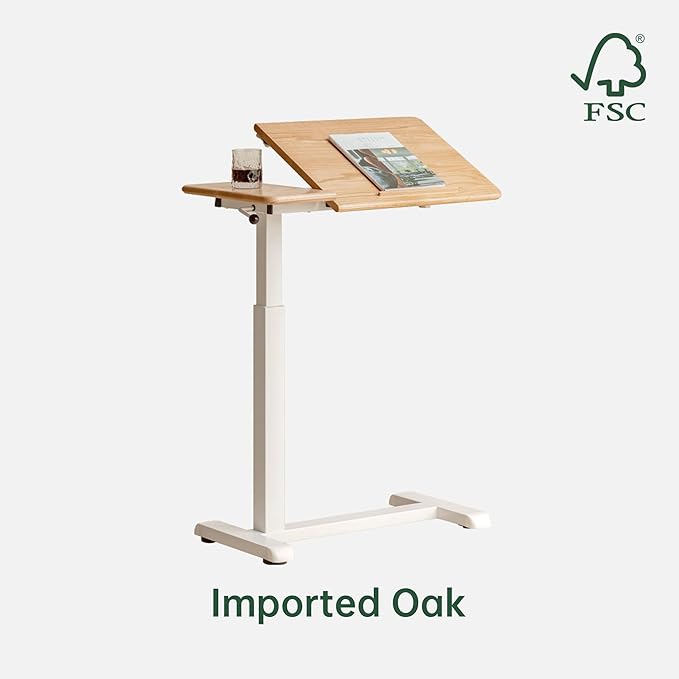 Height Adjustable Bedside Desk, 100% Solid Wood Overbed Table with Wheels, Rolling Laptop Table for Home, Office, Study, Bedroom