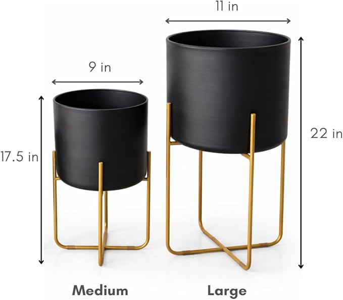 Kirpi Modern Planter Pots, Set of 2 Round Large Black Planters with Gold Stand, Decorative Floor Planters, Metal Pots with Drainage Holes for Living Room, Office, Garden, 9 and 11 Inch Diameter