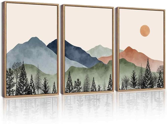 KUVIOKE Mountain Landscape Framed Wall Art Watercolor Nature Painting Boho Sun Rise Prints Farmhouse Rustic Room Decor Ready to Hang 16x24in (Natural Framed)