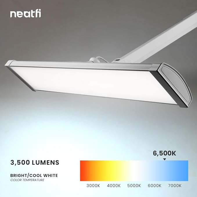 Neatfi Ultra Desk Lamp – 3,500 Lumens, 45W LED, 26-Inch Wide Shade, 5 Brightness Levels, Clamp Mount, Shadow-Free, Non-Flickering Light (Non-CCT with Clamp, Silver)