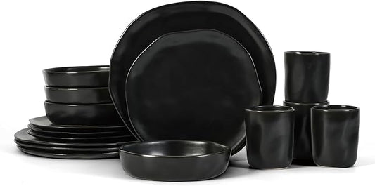 Stone by Mercer Project HEKONDA Modern Stoneware 16-Piece Dinnerware Set, Plate and Bowl Set, Dish Set for 4, Black