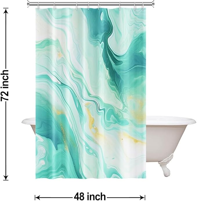 Turquoise Shower Curtain, Modern Teal and Gold Marble Shower Curtain for Bathroom Aesthetic Waterproof Shower Curtain Set with Hooks, 48x72 Inch