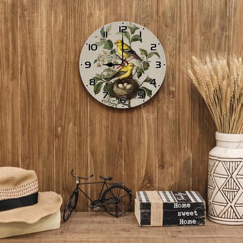 FemiaD Retro Bird Wall Clock 10inch Silent Non-Ticking Battery Operated Quartz Round Wooden Wall Clock Decorative for Kitchen Bedroom Living Room Home Decor