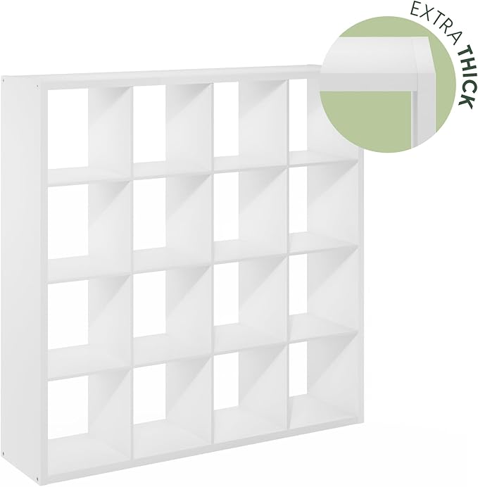 Furinno Cubicle Book Shelf, 16-Cube Bookshelf, Extra Thick Frame Reversible Bookcase with Open Back, 14.6" x 58" x 58", for Living Room, Bedroom, Home Office, White
