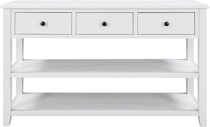 LUMISOL Long Console Table with 3 Storage Drawers, Solid Wood Sofa Table with Storage & Open Shelves, Retro Entryway Tables for Hallway Living Room, 50''L x 16''W x 30.2''H (Antique White)