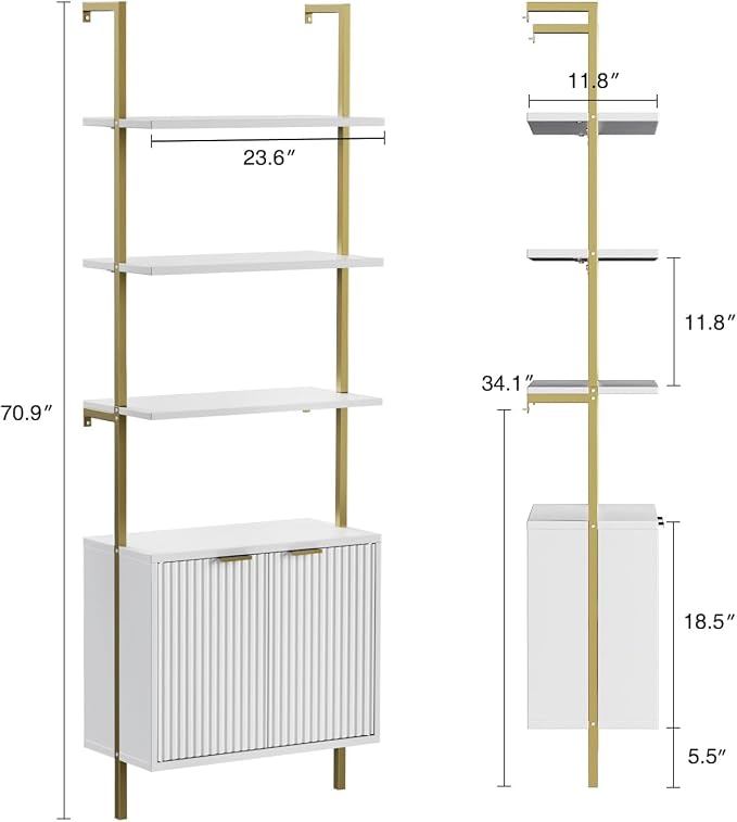 Ladder Bookshelf with Cabinet, 71" Tall Wall Mounted Bookcase with Shelves & Storage, Fluted Ladder Shelf with Metal Frame, 5-Tier Display Rack for Living Room, Home & Office, Bedroom, White & Gold