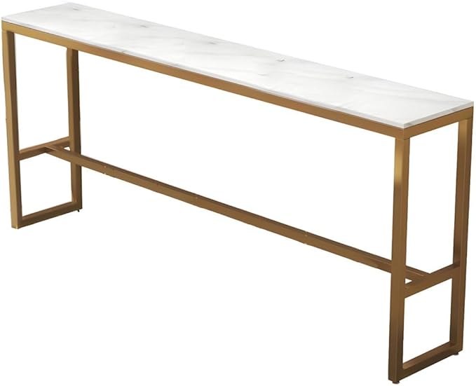 RUNNUP Narrow Bar Table, Industrial Dining Room Bar Table, Marble Top Counter Height Table with Sturdy Metal Frame for Kitchen Bistro Pub, Gold 79" L x 16" W x 41.5" H Without Chairs