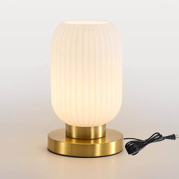 Glass Mid Century Table Lamp: 5.9" Milk White Ribbed Small Nightstand Bedside Vintage Desk Lamps - Cute Cozy Ambient Bedroom Night Lamp with Dimmable Plug in Cord - Modern e26 Grass Entryway Mcm Lamps