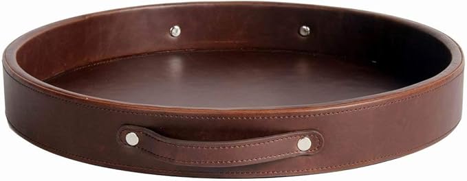 HofferRuffer Top Nocth PU Leather Round Serving Tray, Decorative Serving Tray with Handles, Coffee Tray, Ottoman Tray for Home Or Office, Diameter 14.6-inch, Brown