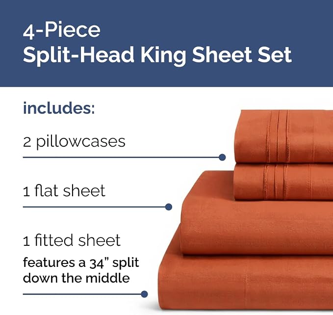 Flex Top Split Head King 4 Piece Sheet Set - Ultra-Soft, Breathable & Cooling Bed Sheets Set - Hotel Luxury Bedding for Women & Men with Deep Pockets - Wrinkle and Fade Free - Oeko-Tex - Terracotta