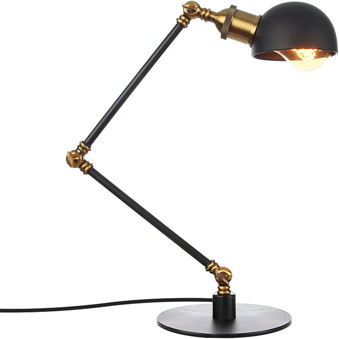 Makeup Vintage Desk Lamp, Adjustable Swing Arm Industrial Metal Task Table Lamp, Bedroom Bedside Night Light Cafe Retro Reading Lighting,Black+Gold