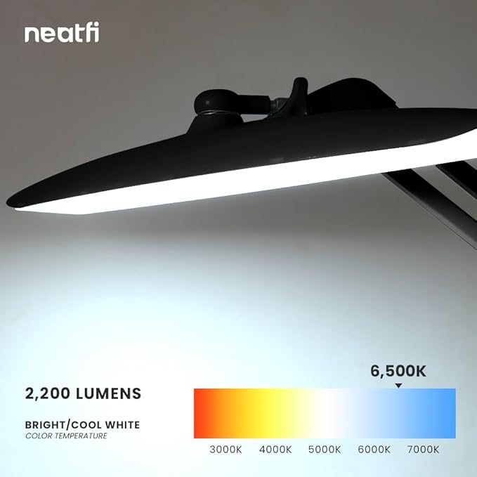 Neatfi XL Nail Desk Lamp with Clamp, 2200 Lumens, 20-Inch Wide Head, Dimmable 4 Levels, 6500K, LED Task Light for Manicure Table, Crafts, Workbench, Office (Non-CCT with Base, Black)